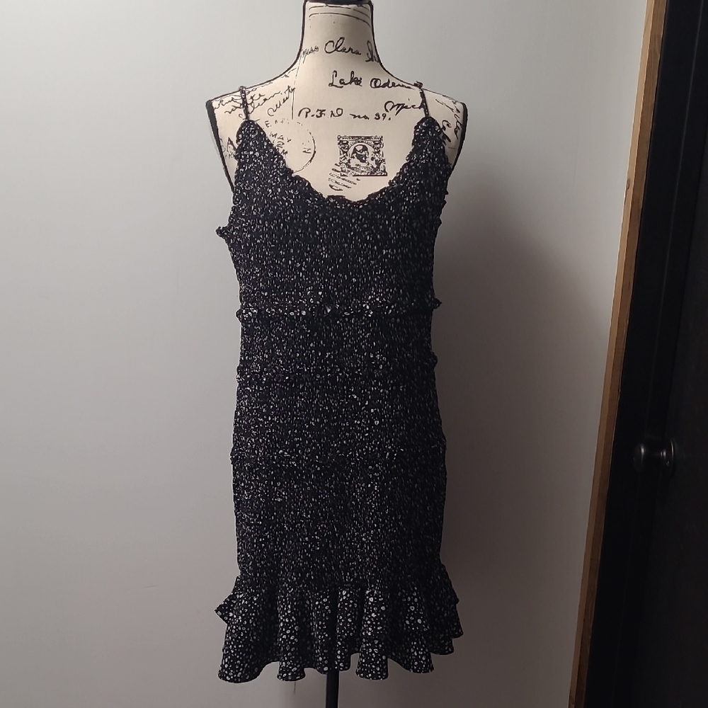 Black And White Smocked Ruffle Hem Spaghetti Strap Mini Dress